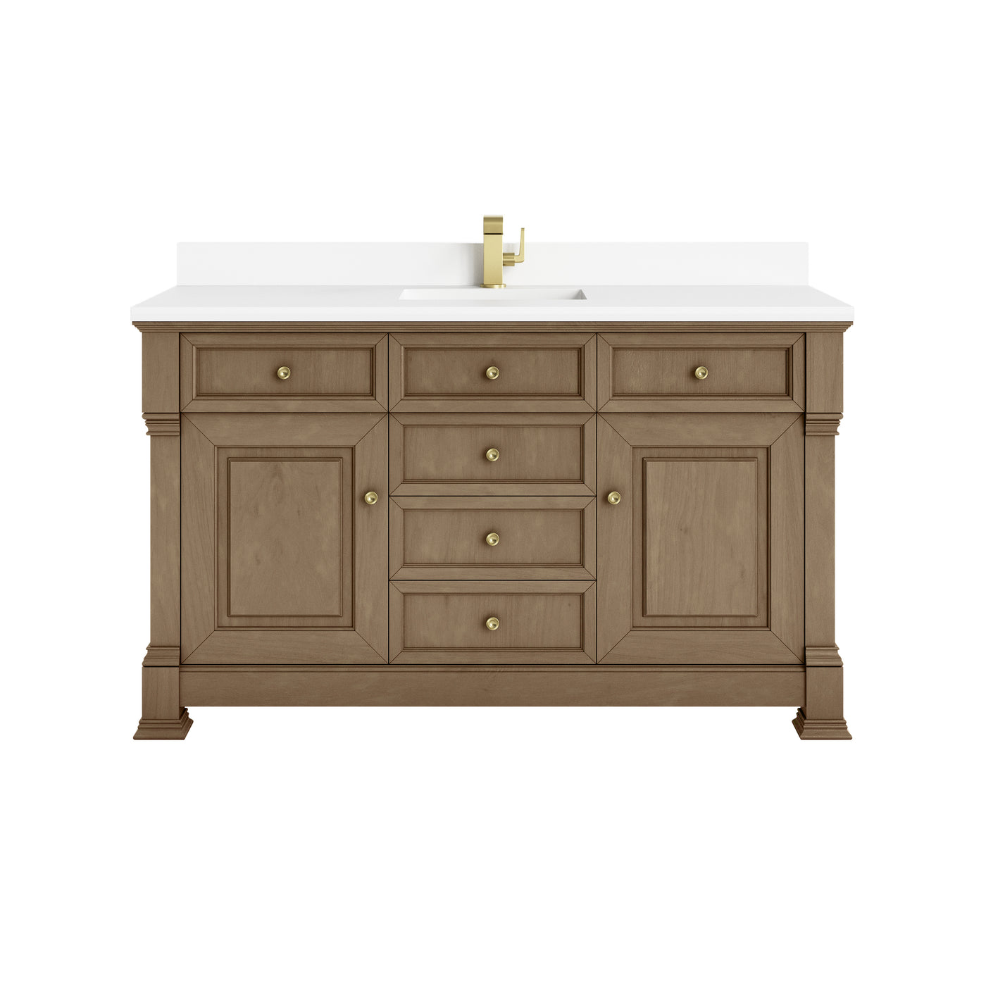 James Martin Brookfield 60" Single Bathroom Vanity, Pecan with White Zeus (Single Hole, with Backsplash) countertop