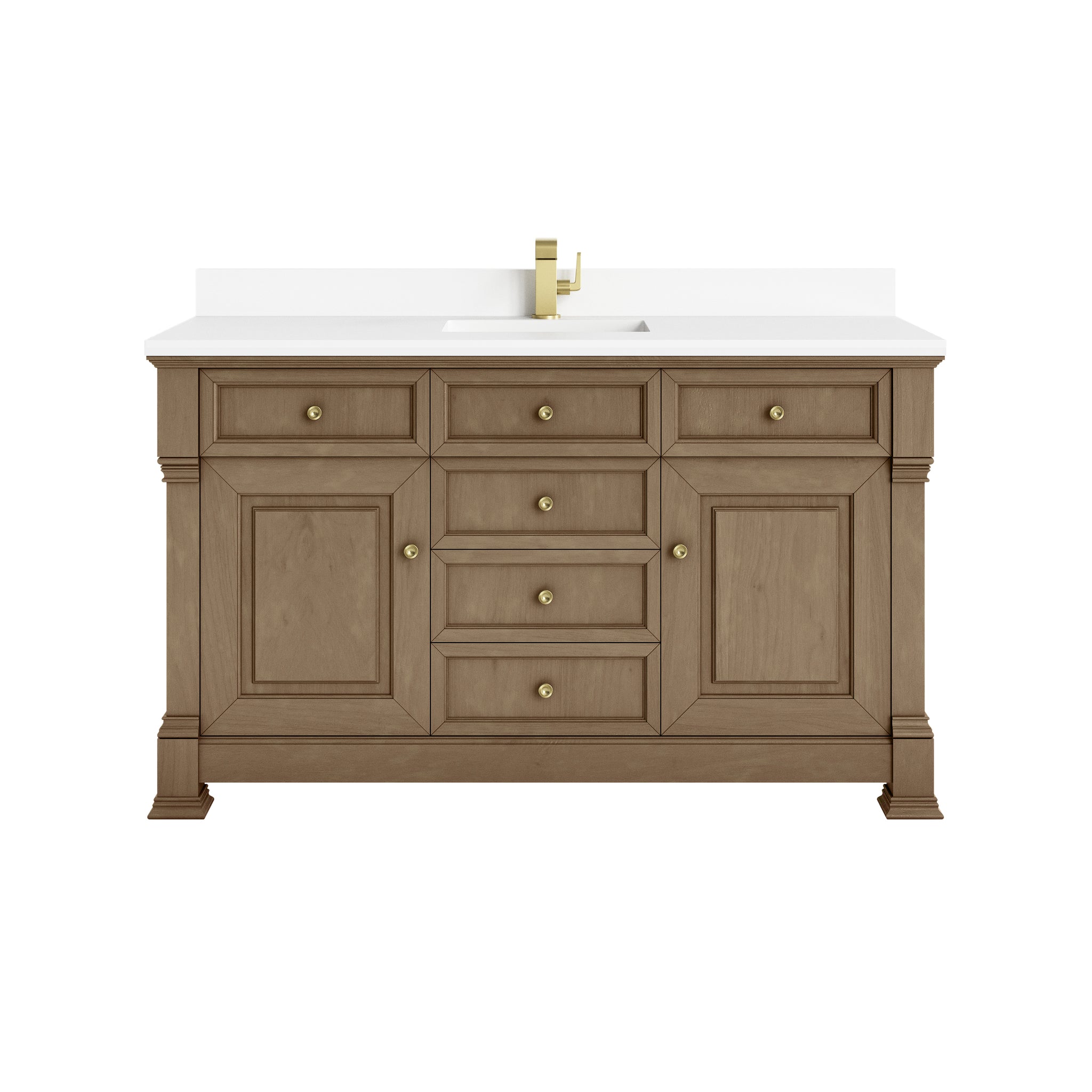 James Martin Brookfield 60" Single Bathroom Vanity, Pecan with White Zeus (Single Hole, with Backsplash) countertop