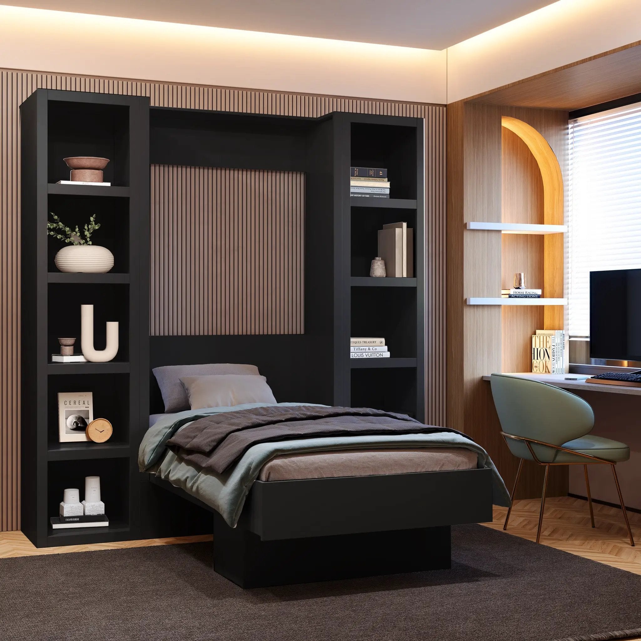Easy-Lift Twin Murphy Wall Bed in Black with Two Bookshelves by Sharicks
