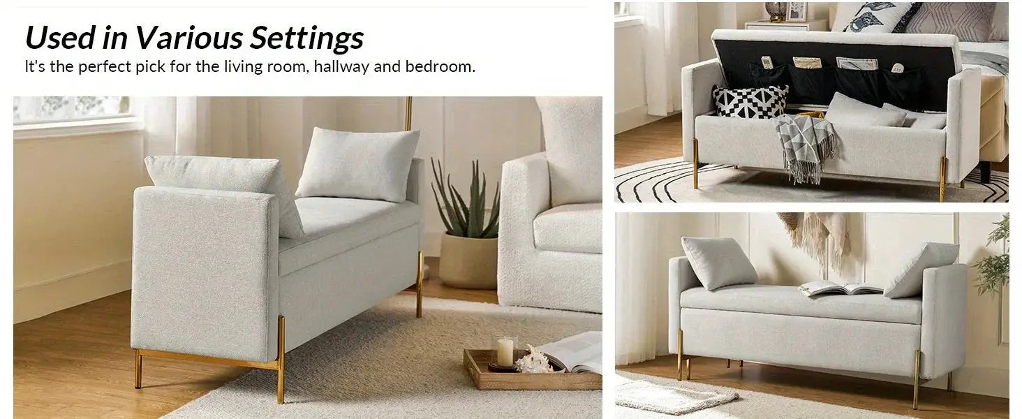 Upholstered Fabric Storage Ottoman Bench with Pillows by House Of Avana