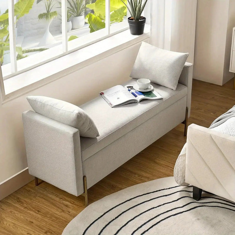 Upholstered Fabric Storage Ottoman Bench with Pillows