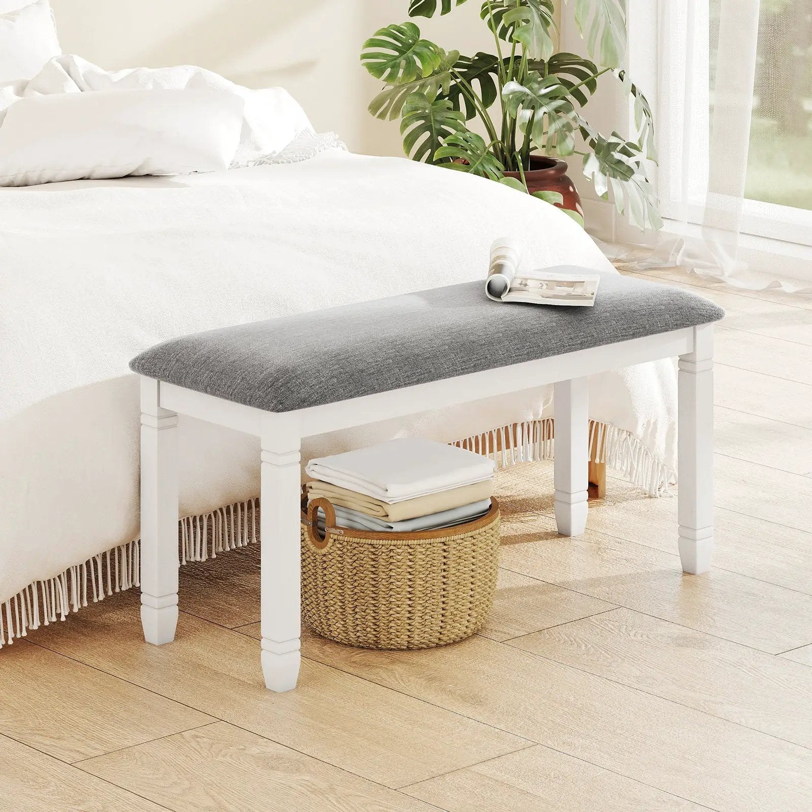 Upholstered Bedroom Bench with Padded Seat and Solid Wood Legs-Gray by DirectDeals