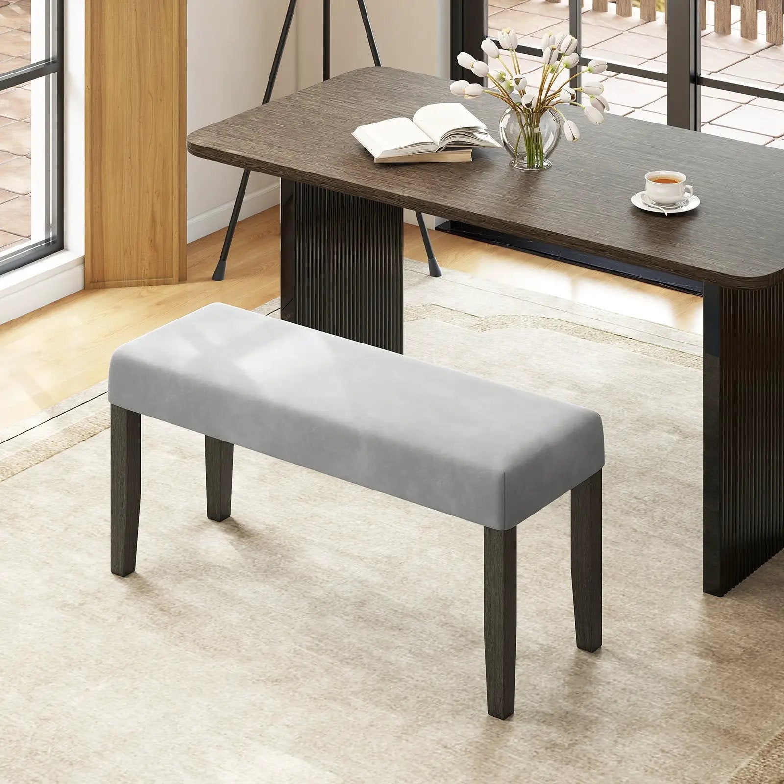 End of Bed Bench with Padded Seat and Solid Wood Legs-Gray by DirectDeals
