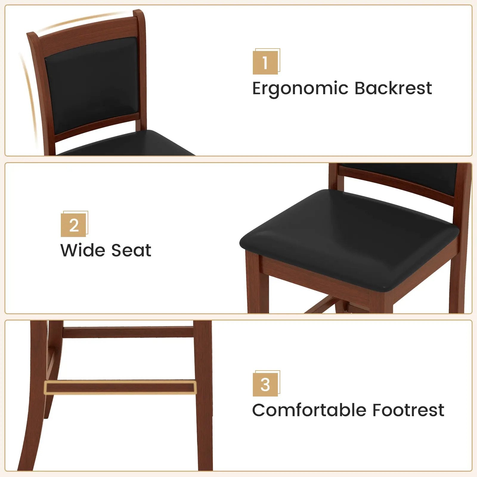 Upholstered Counter Stool Set of 2 with Solid Rubber Wood Frame-Brown by DirectDeals