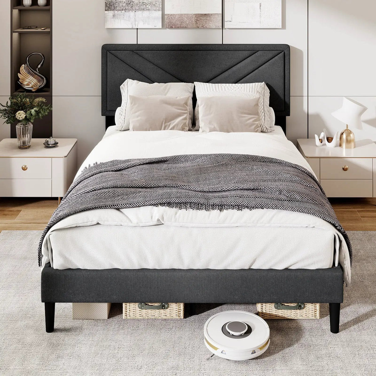 Upholstered Platform Bed with Tufted Headboard and Wooden Slats, photo 5 of 10