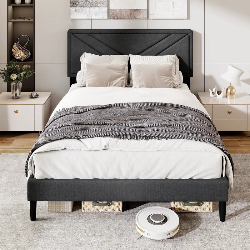 Upholstered Platform Bed with Tufted Headboard and Wooden Slats by DirectDeals