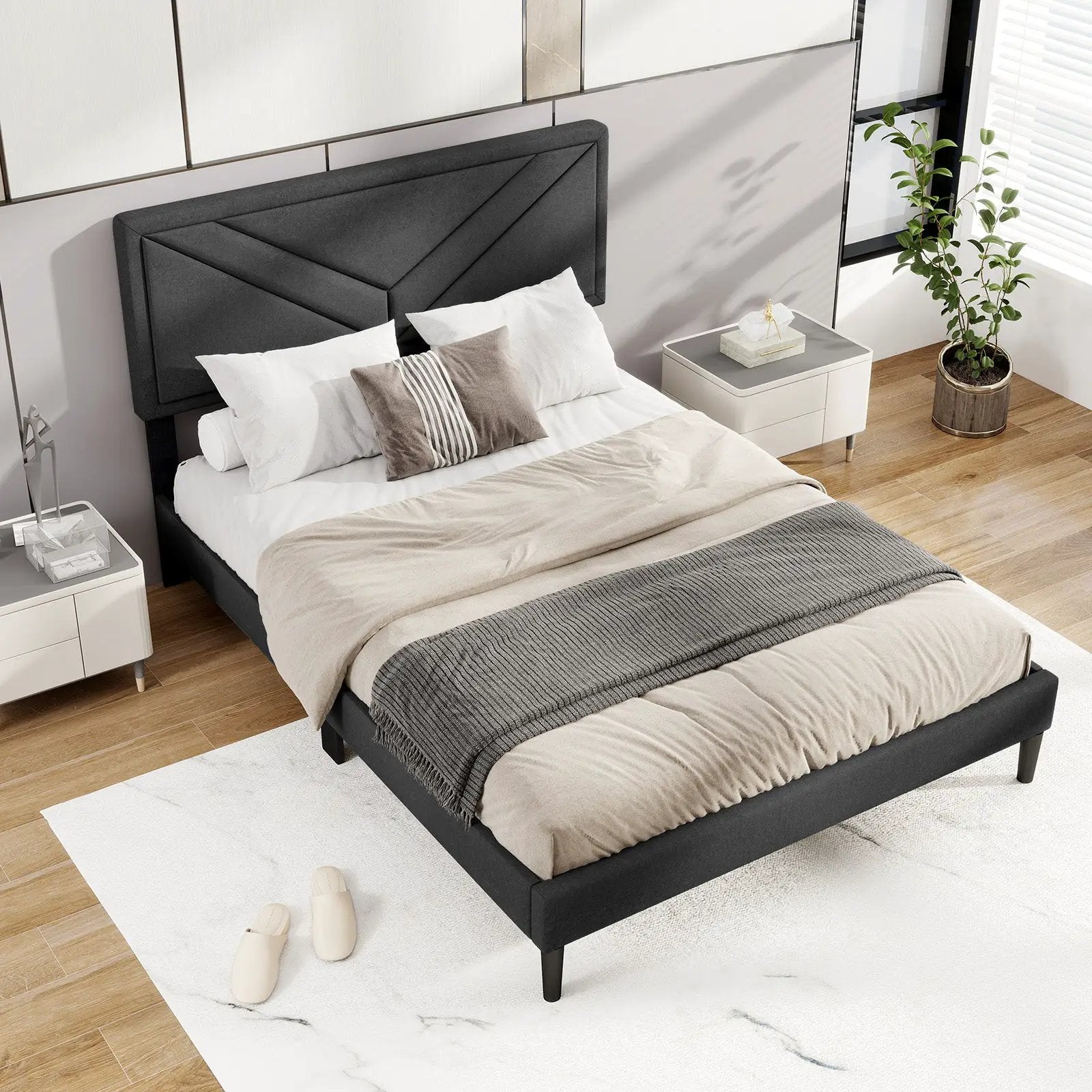 Upholstered Platform Bed with Tufted Headboard and Wooden Slats by DirectDeals