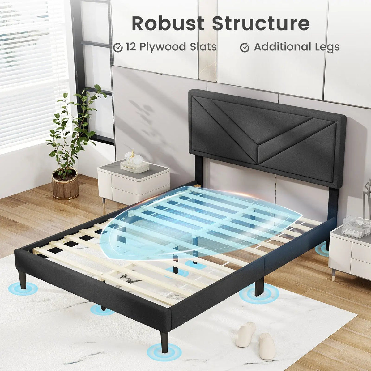 Upholstered Platform Bed with Tufted Headboard and Wooden Slats, photo 7 of 10