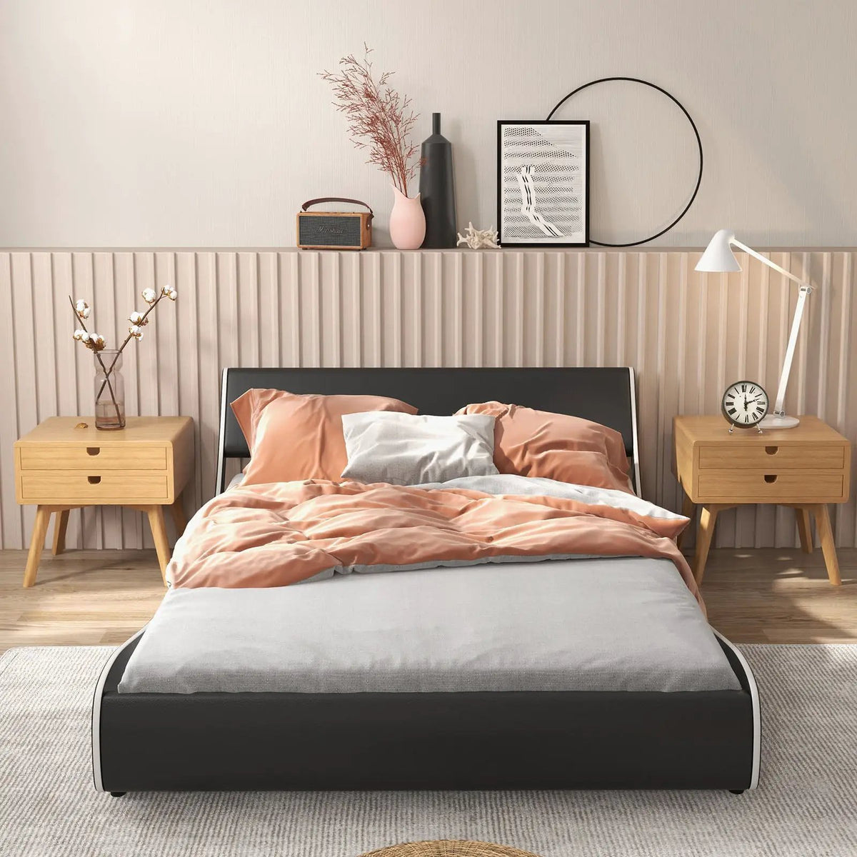 Upholstered Platform Bed Frame Low Profile Faux Leather with Curved Headboard, photo 16 of 24