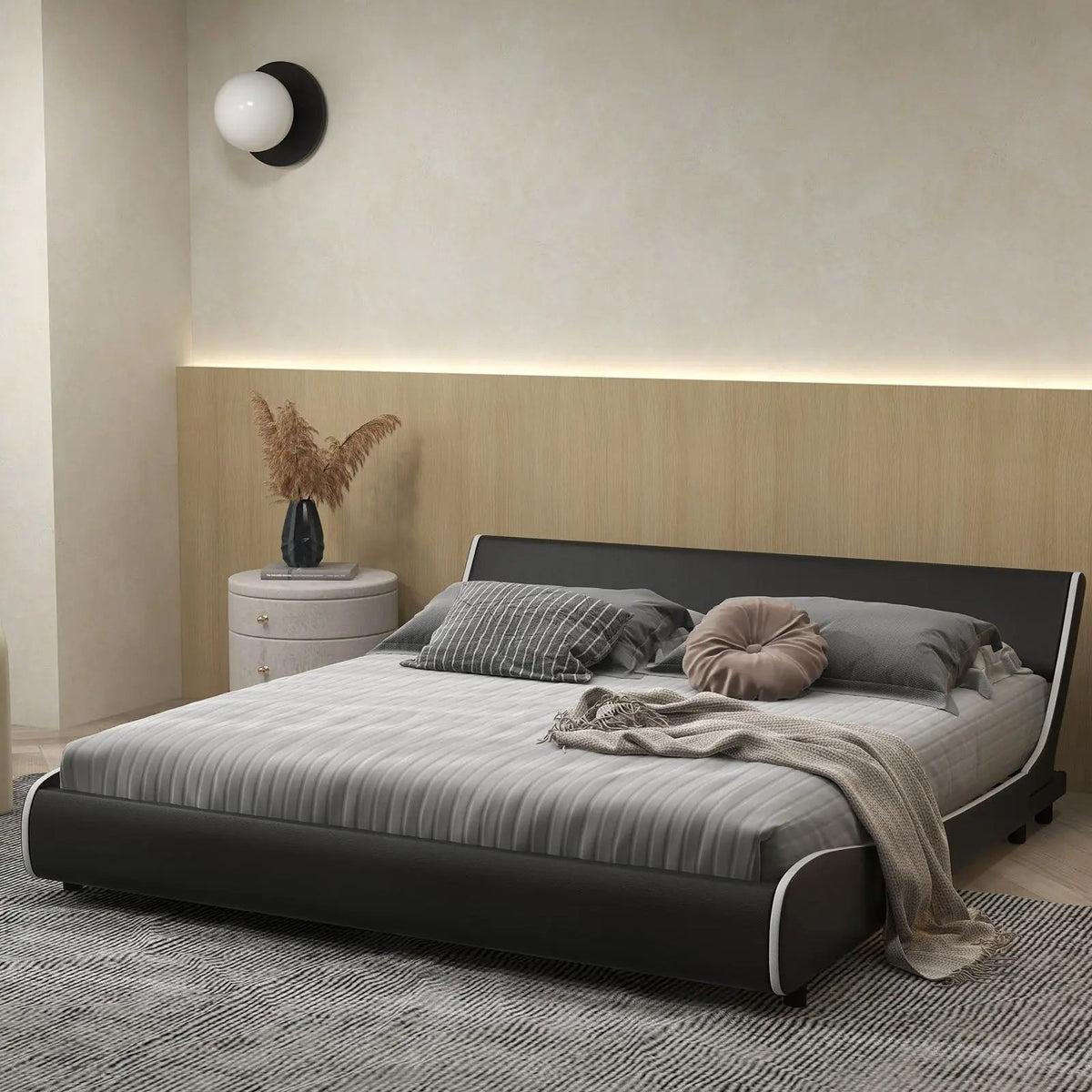 Upholstered Platform Bed Frame Low Profile Faux Leather with Curved Headboard, photo 15 of 24