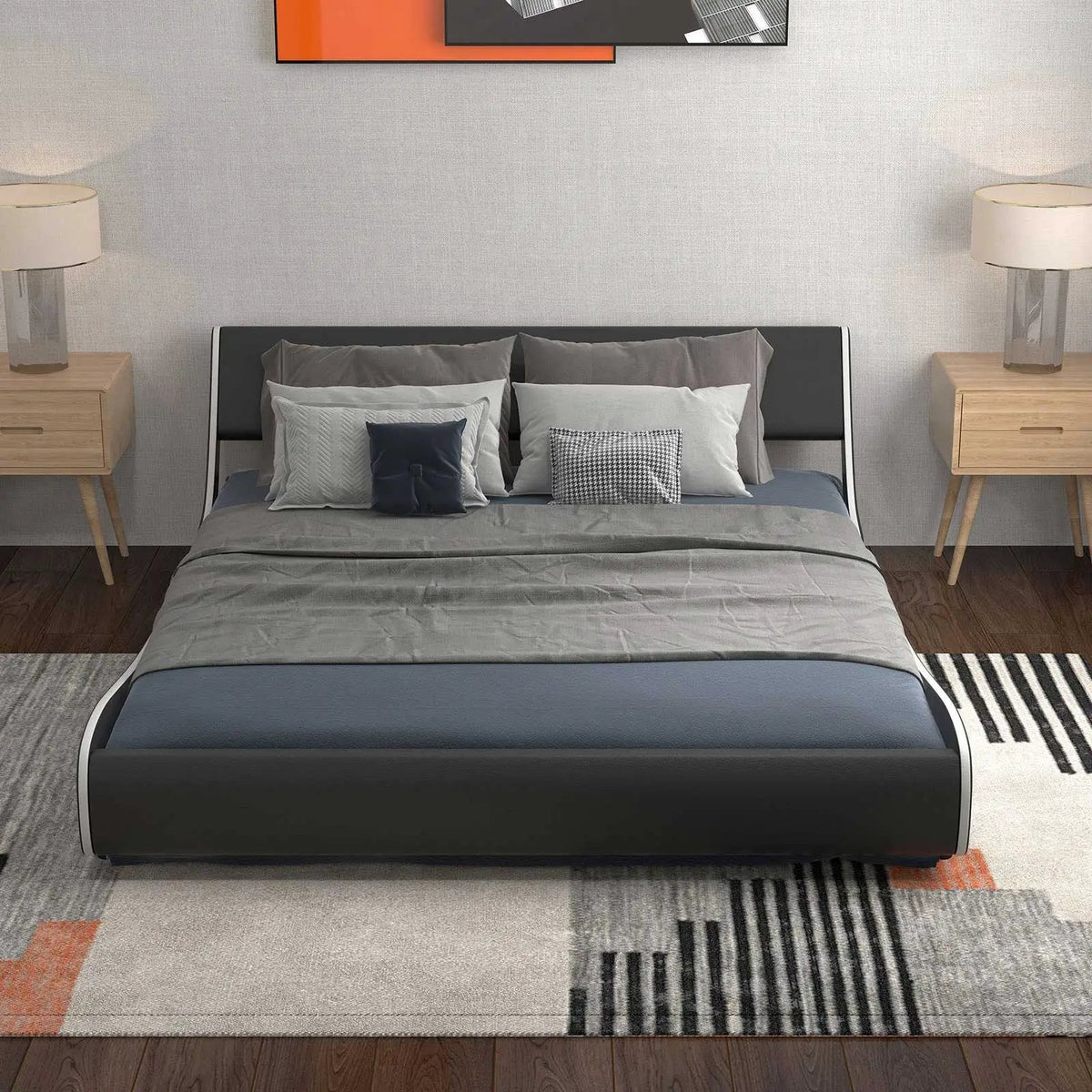 Upholstered Platform Bed Frame Low Profile Faux Leather with Curved Headboard, photo 17 of 24