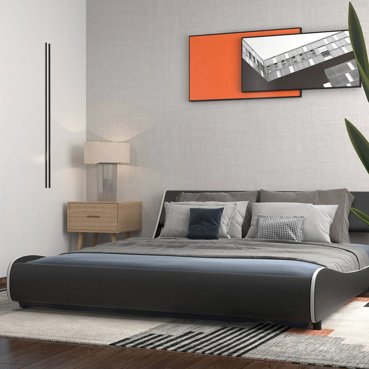 Upholstered Platform Bed Frame Low Profile Faux Leather with Curved Headboard, photo 12 of 24