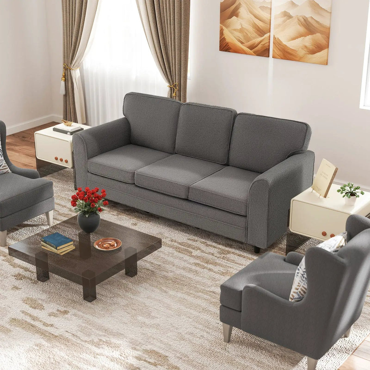 Upholstered Teddy Velvet 3-Seat Sofa with Comfy Back Pillows, photo 5 of 9