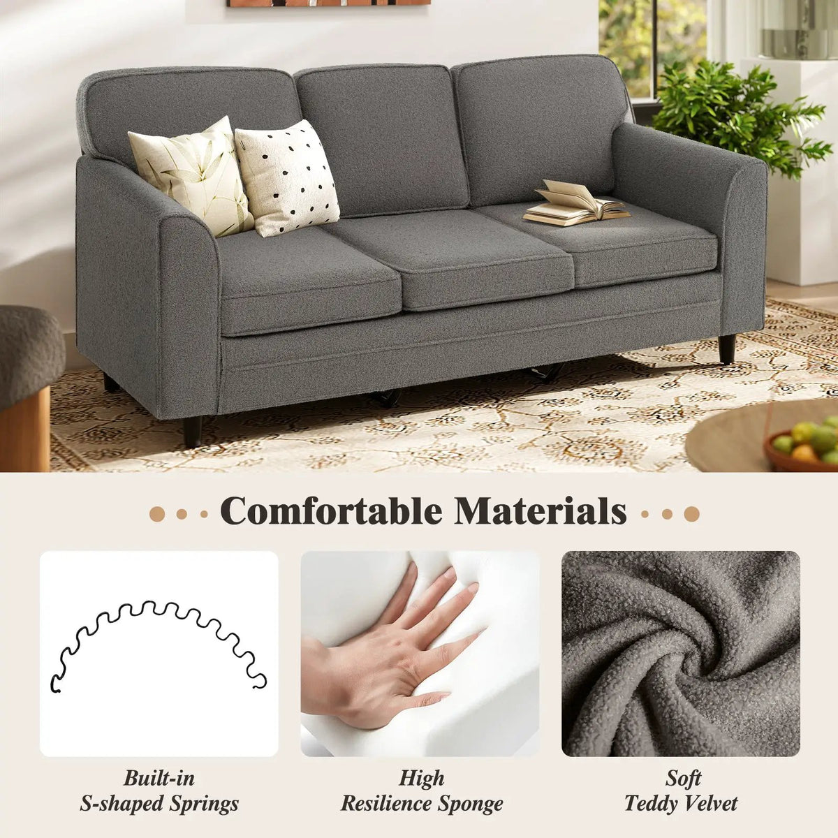 Upholstered Teddy Velvet 3-Seat Sofa with Comfy Back Pillows, photo 6 of 9