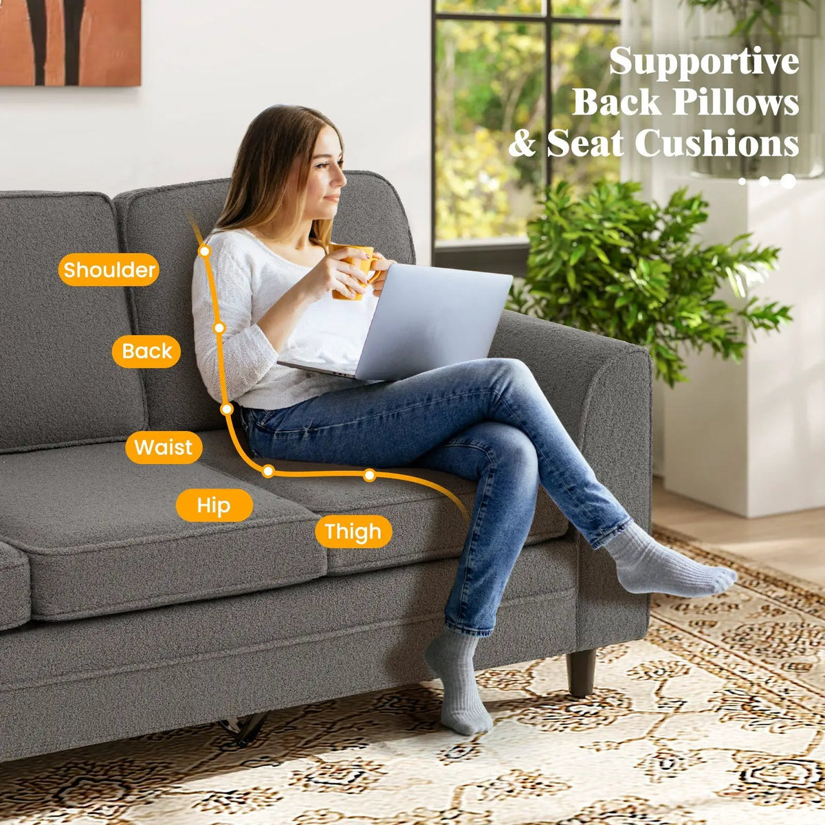 Upholstered Teddy Velvet 3-Seat Sofa with Comfy Back Pillows, photo 7 of 9