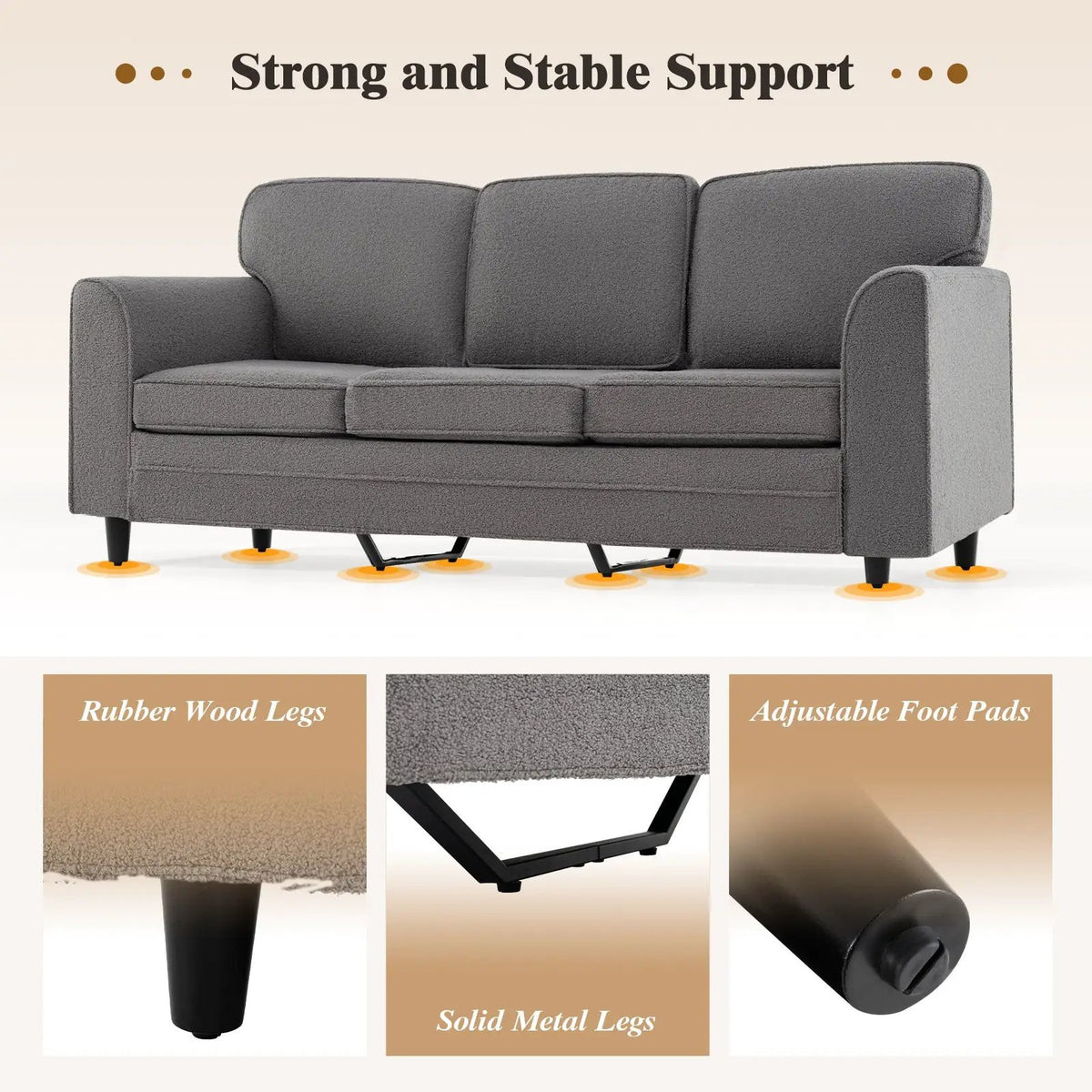 Upholstered Teddy Velvet 3-Seat Sofa with Comfy Back Pillows, photo 8 of 9