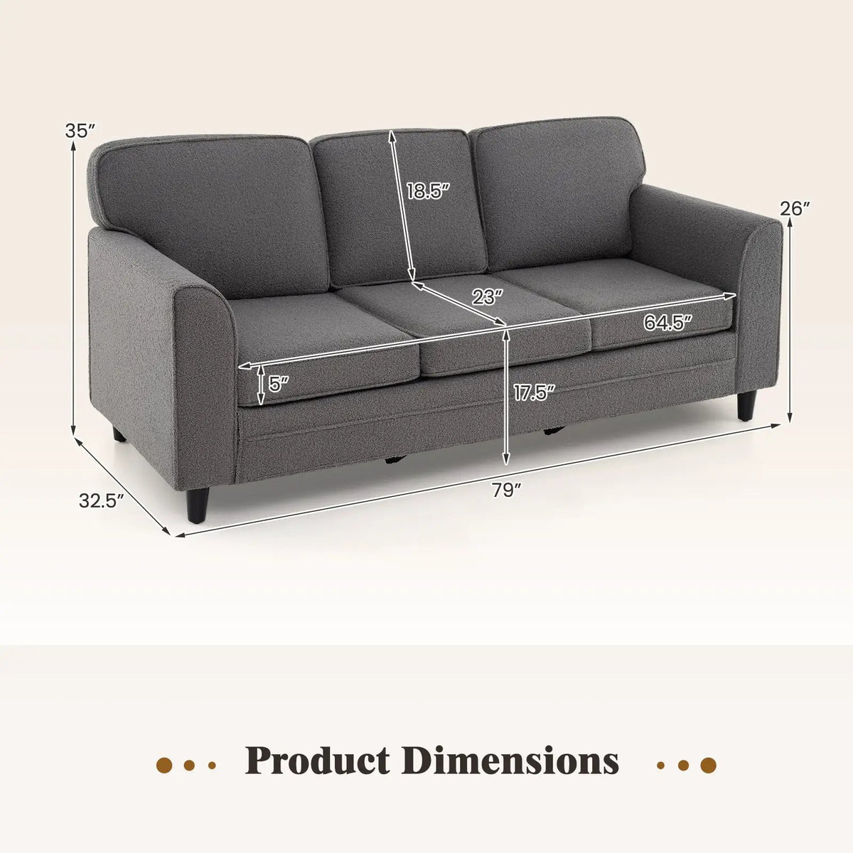 Upholstered Teddy Velvet 3-Seat Sofa with Comfy Back Pillows, photo 4 of 9