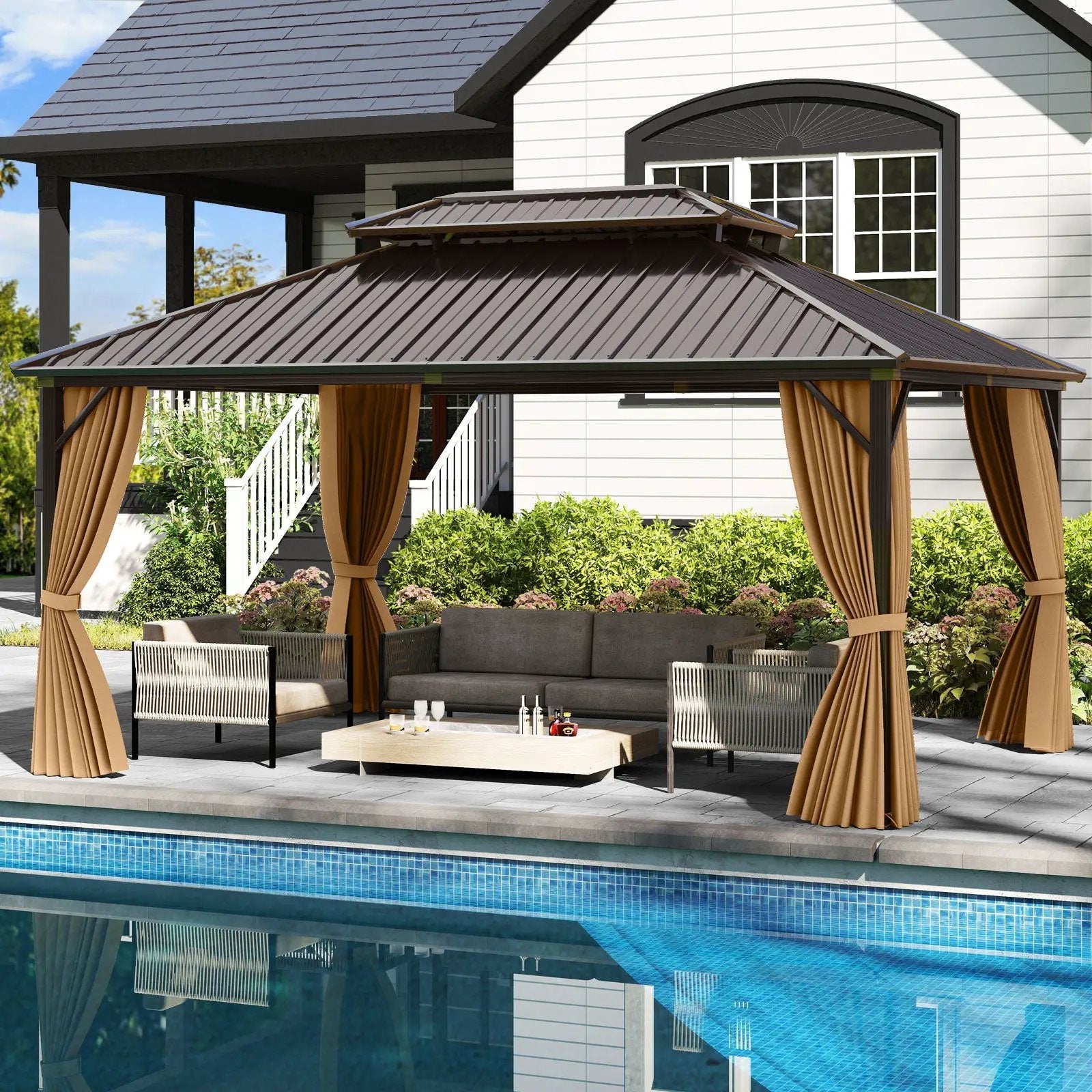 16 x 12 Feet Hardtop Gazebo Aluminum Frame Permanent Pavilion with Curtains and Netting-Coffee by DirectDeals