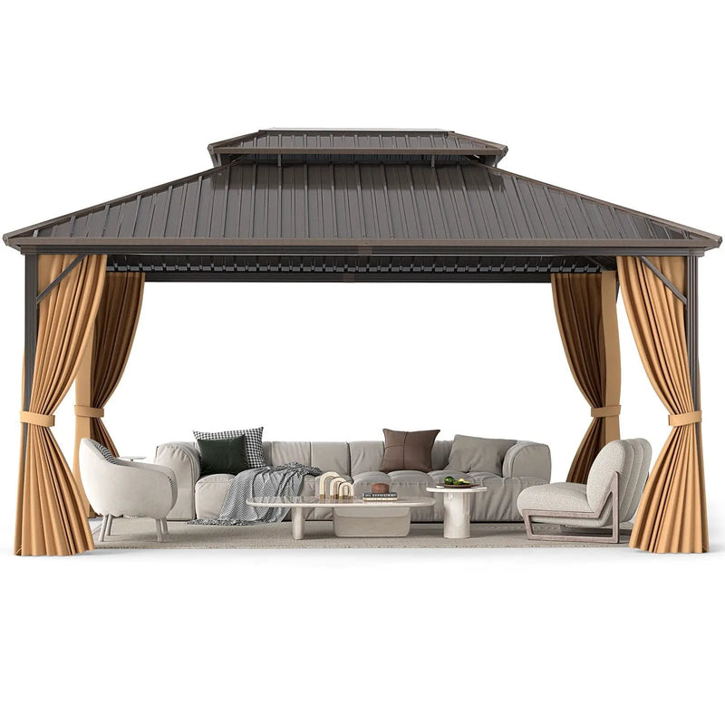 16 x 12 Feet Hardtop Gazebo Aluminum Frame Permanent Pavilion with Curtains and Netting-Coffee by DirectDeals