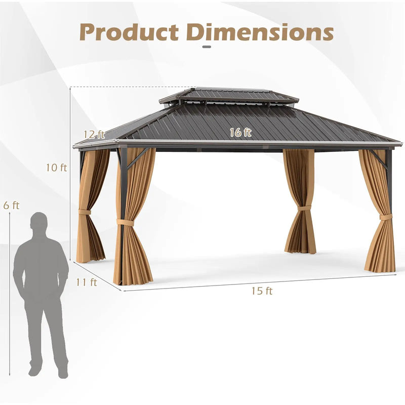 16 x 12 Feet Hardtop Gazebo Aluminum Frame Permanent Pavilion with Curtains and Netting-Coffee by DirectDeals