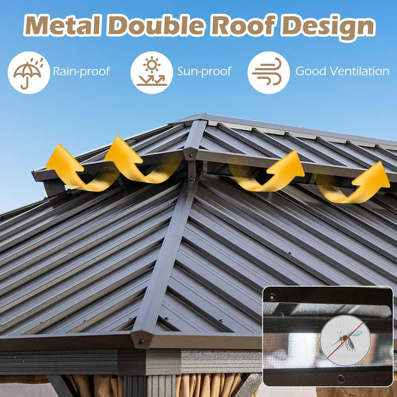16 x 12 Feet Hardtop Gazebo Aluminum Frame Permanent Pavilion with Curtains and Netting-Coffee by DirectDeals