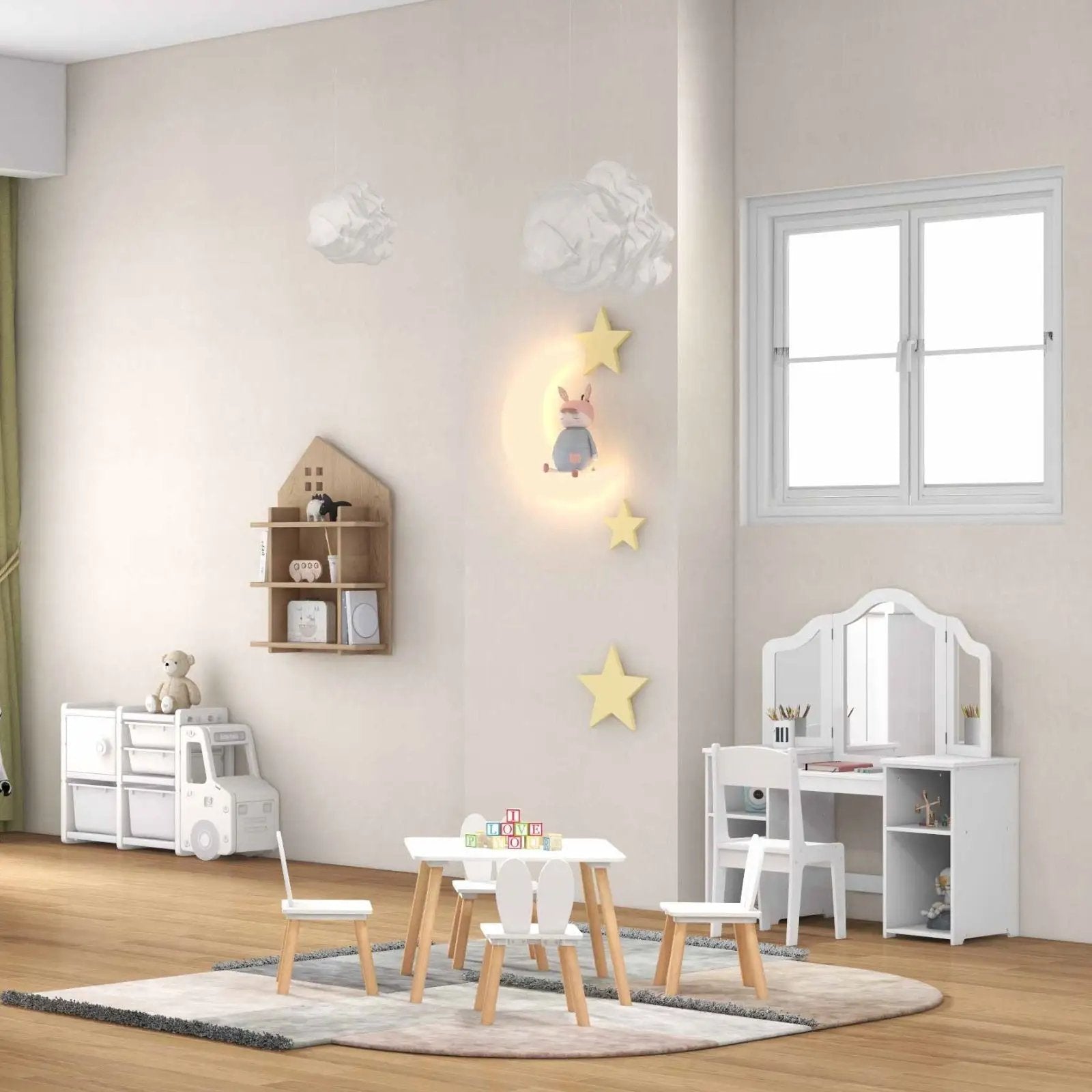 Kid's Room Bundle: Bed Frame + Kids Table and Chairs Set + Toddler Truck Storage Organizer + Kids Vanity Dressing Table by DirectDeals