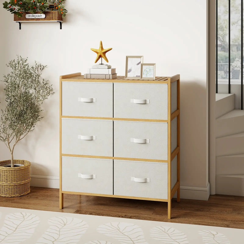Fabric Dresser with 6 Drawers with 6 Folding Fabric Bins for Bedroom Living Room-Natural by DirectDeals
