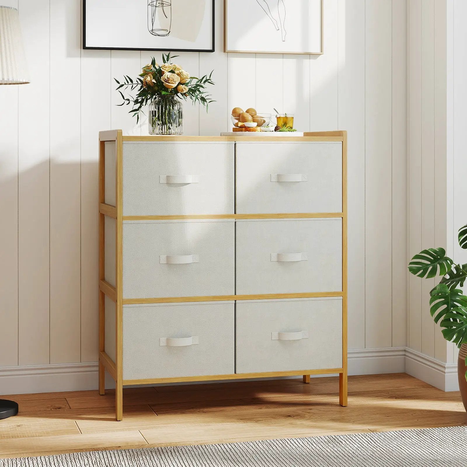 Fabric Dresser with 6 Drawers with 6 Folding Fabric Bins for Bedroom Living Room-Natural by DirectDeals