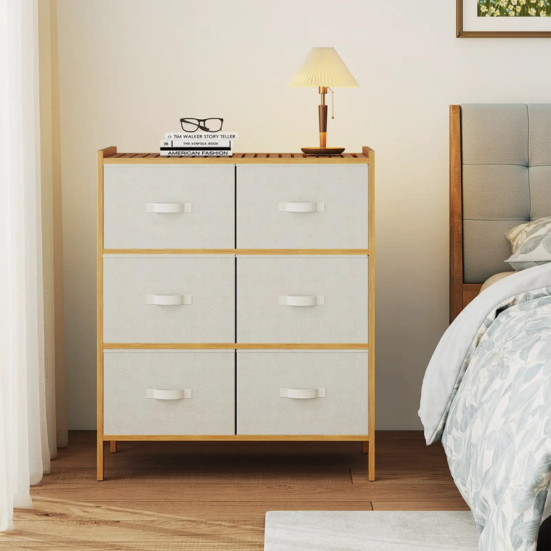 Fabric Dresser with 6 Drawers with 6 Folding Fabric Bins for Bedroom Living Room-Natural by DirectDeals