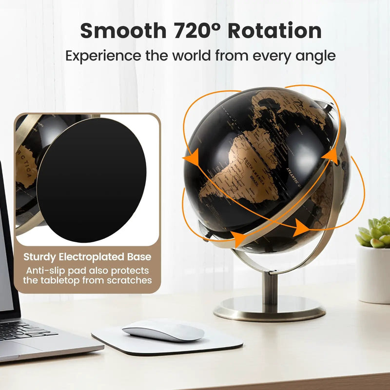 9-Inch Metallic Black World Globe with Metal Stand-Golden by DirectDeals