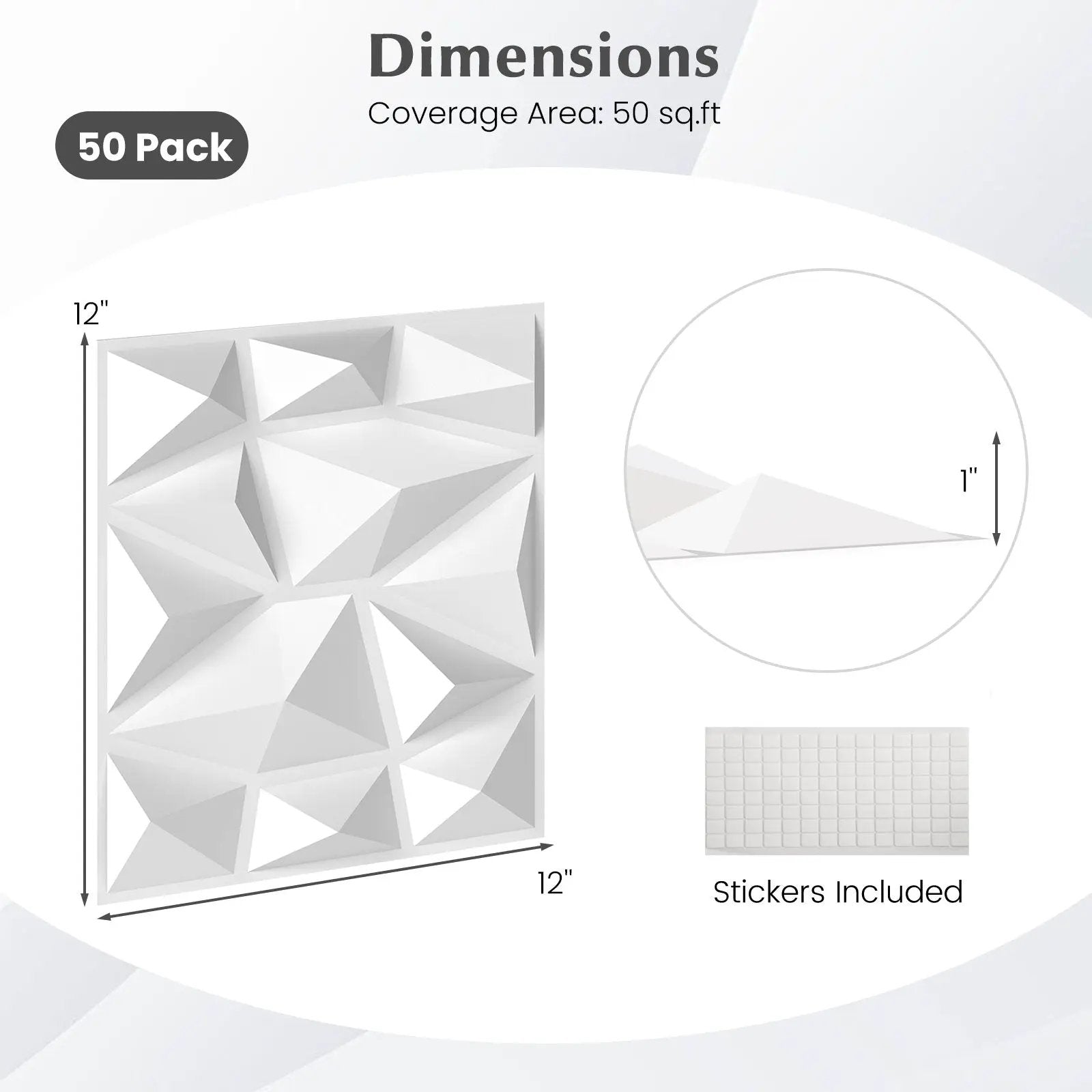 50-Pack 3D Wall Panels PVC Interior Wall Decoration with Diamond Accent-White by DirectDeals