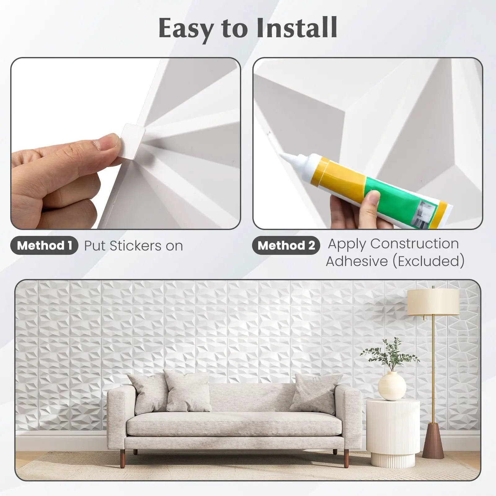 50-Pack 3D Wall Panels PVC Interior Wall Decoration with Diamond Accent-White by DirectDeals