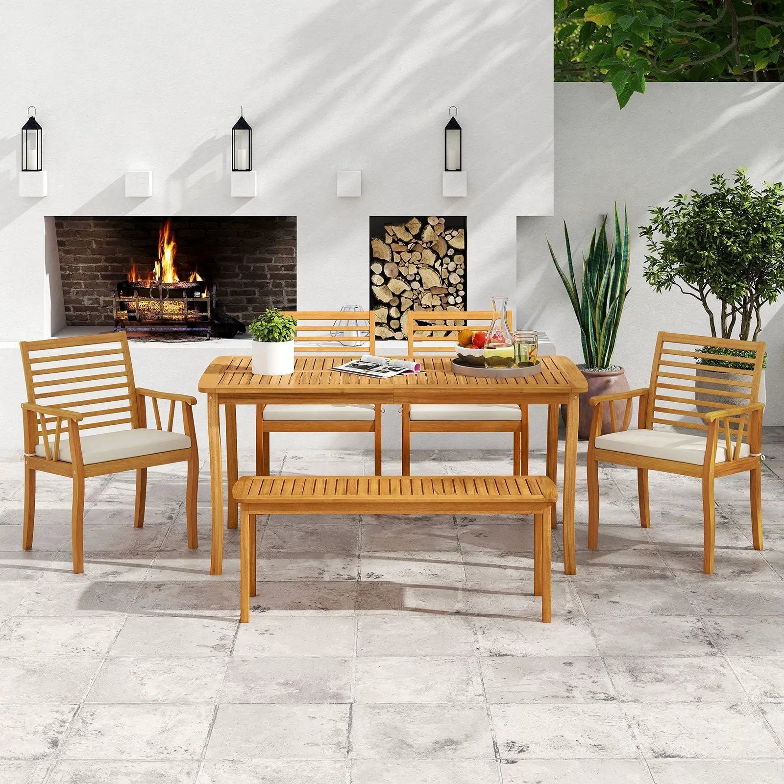 Acacia Wood Outdoor Table and Bench Chairs Set with 1.97 Inch Umbrella Hole by DirectDeals