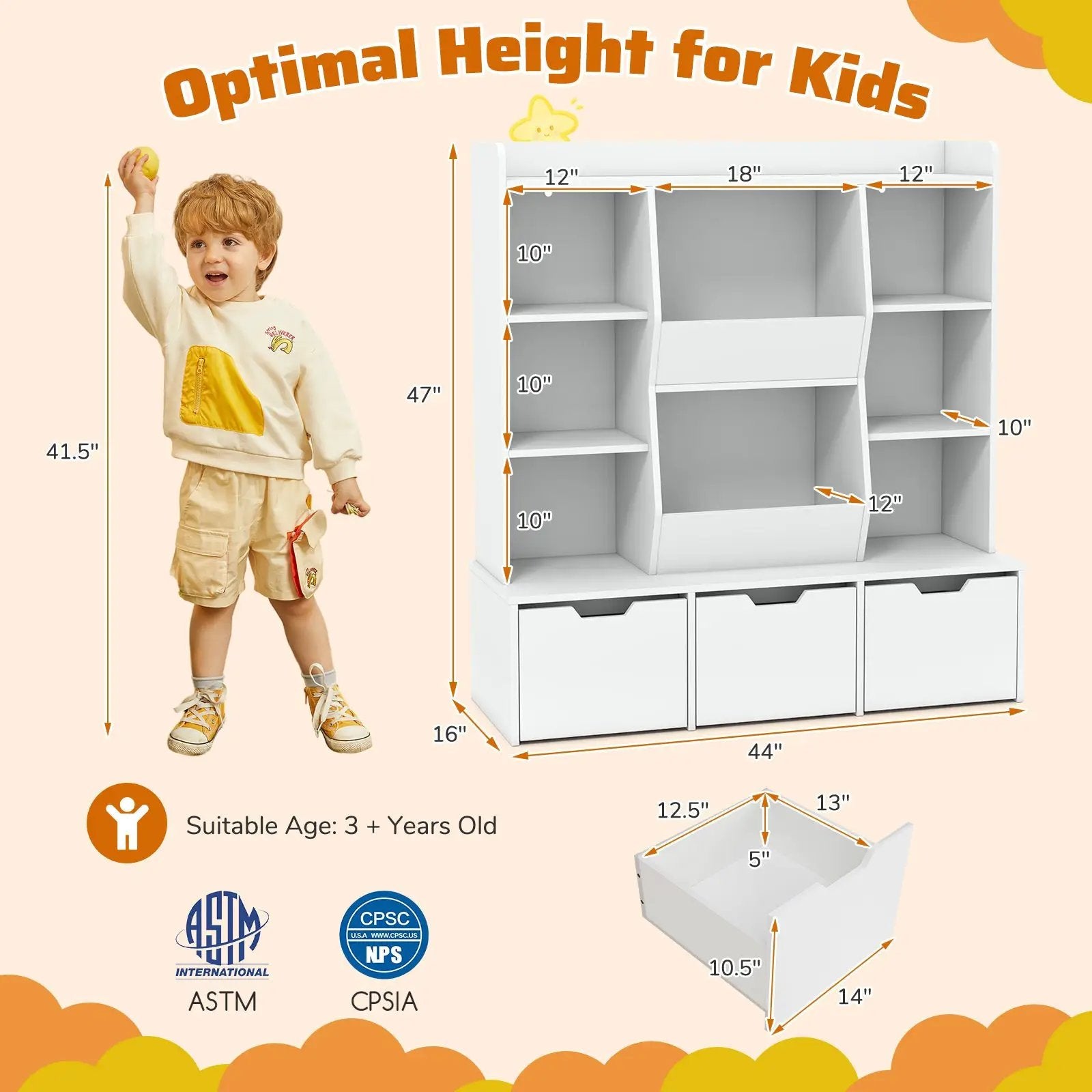 47" Children Bookcase Toy Storage Organizer Versatile Storage Cabinet-White by DirectDeals