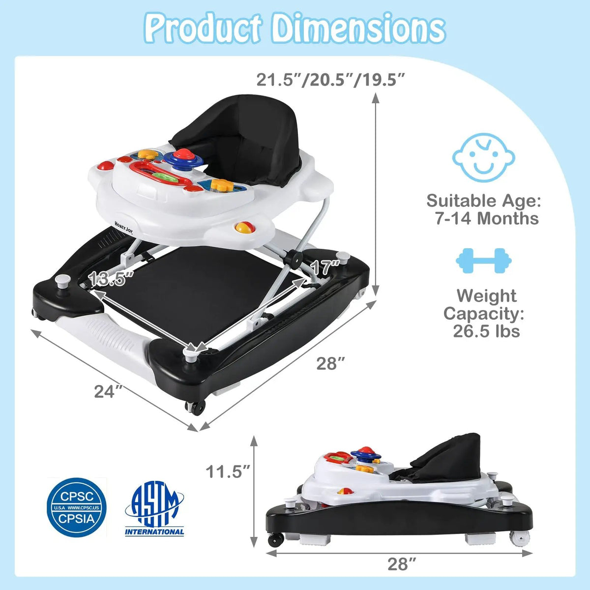 6 in 1 Foldable Baby Walker with Adjustable Height, photo 9 of 12