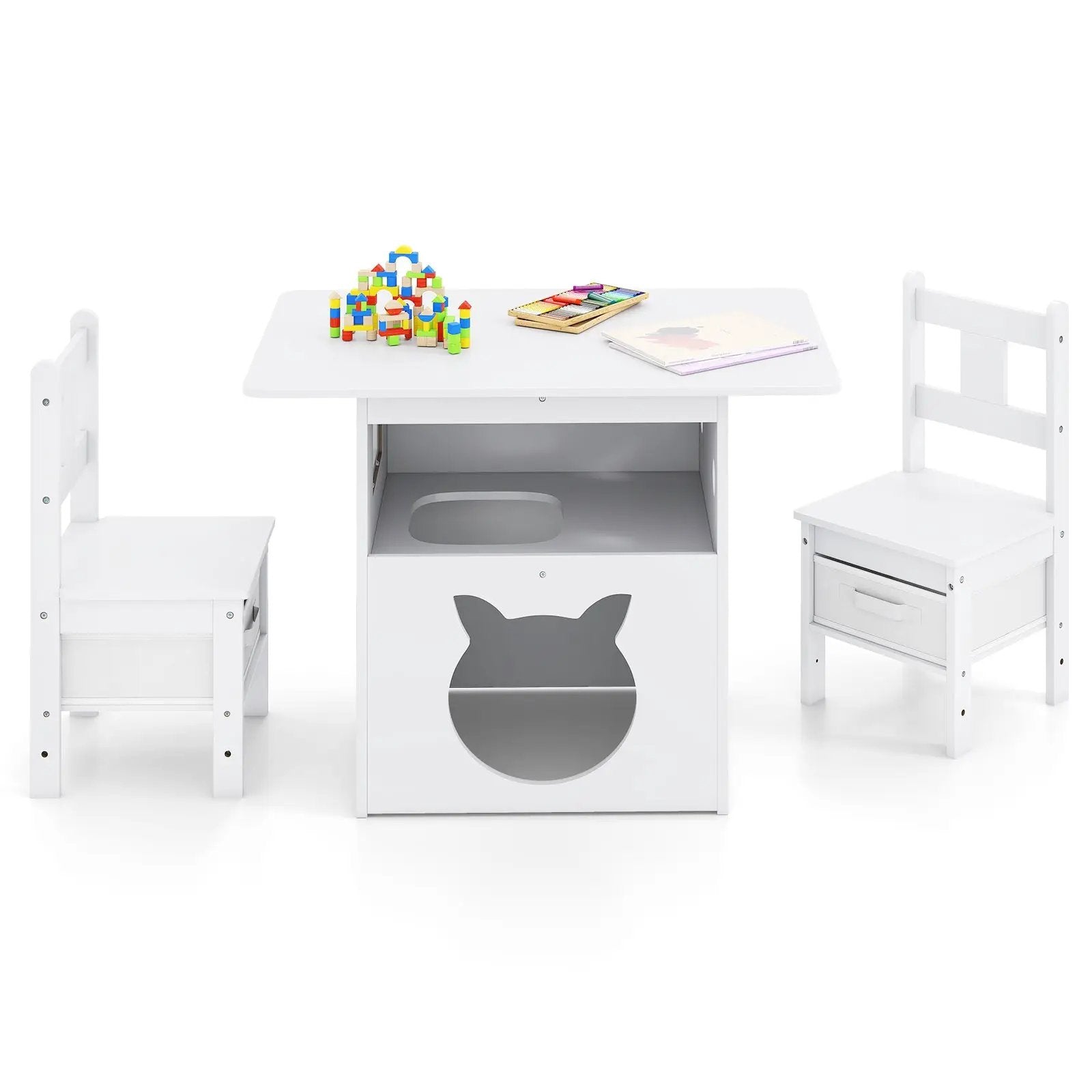 Kids Table and Chairs Set 3 Pieces Wooden Children Furniture with Cat House-White by DirectDeals