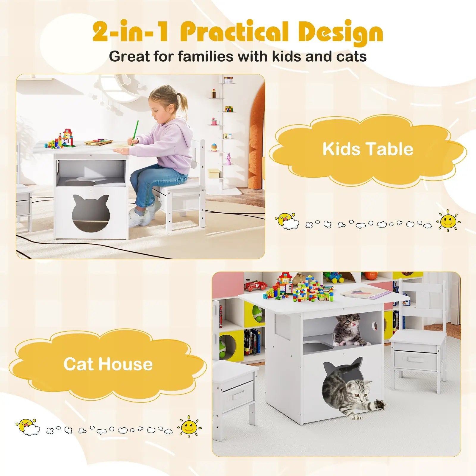 Kids Table and Chairs Set 3 Pieces Wooden Children Furniture with Cat House-White by DirectDeals
