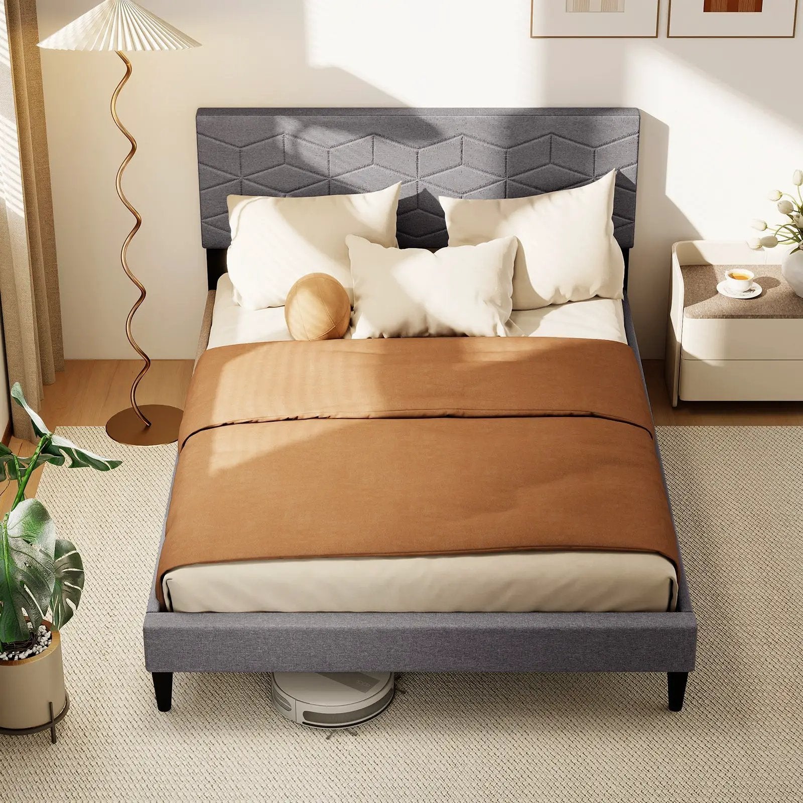 Twin/Full/Queen Size Bed Frame Modern Platform Bed with Linen Fabric Upholstered Headboard by DirectDeals