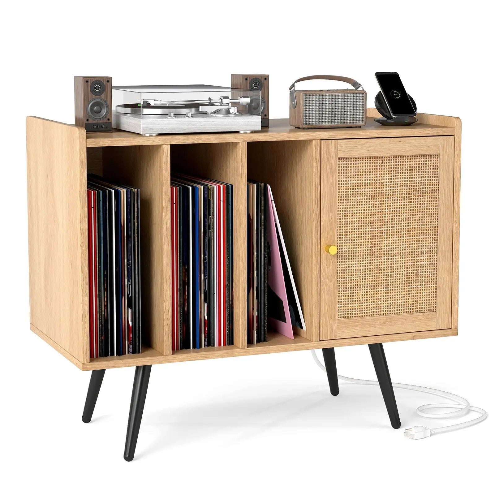 Record Player Stand with Charging Station and Rattan Cabinet for Living Room-Natural by DirectDeals