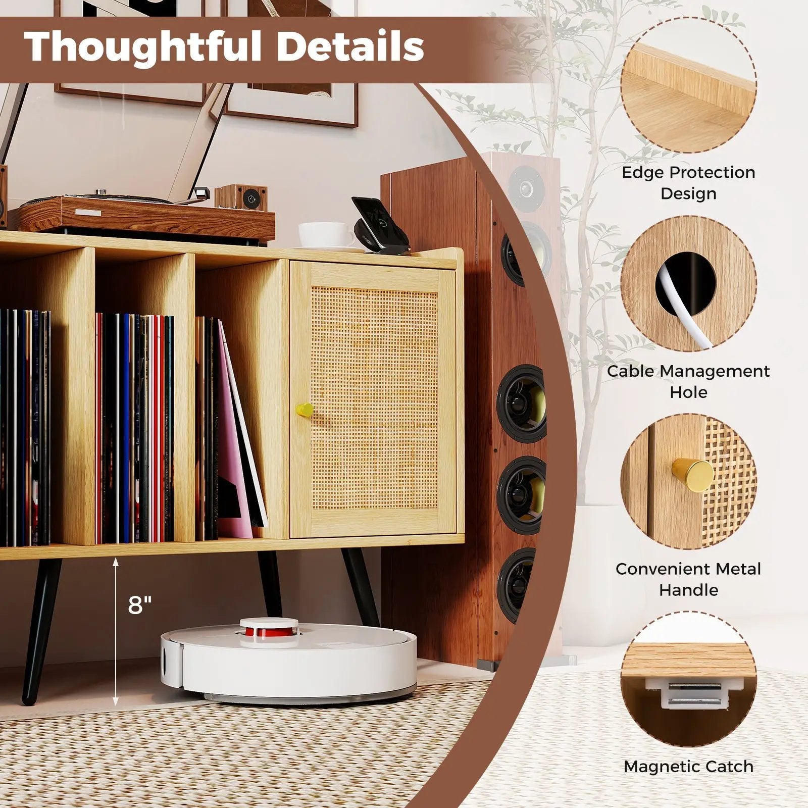 Record Player Stand with Charging Station and Rattan Cabinet for Living Room-Natural by DirectDeals