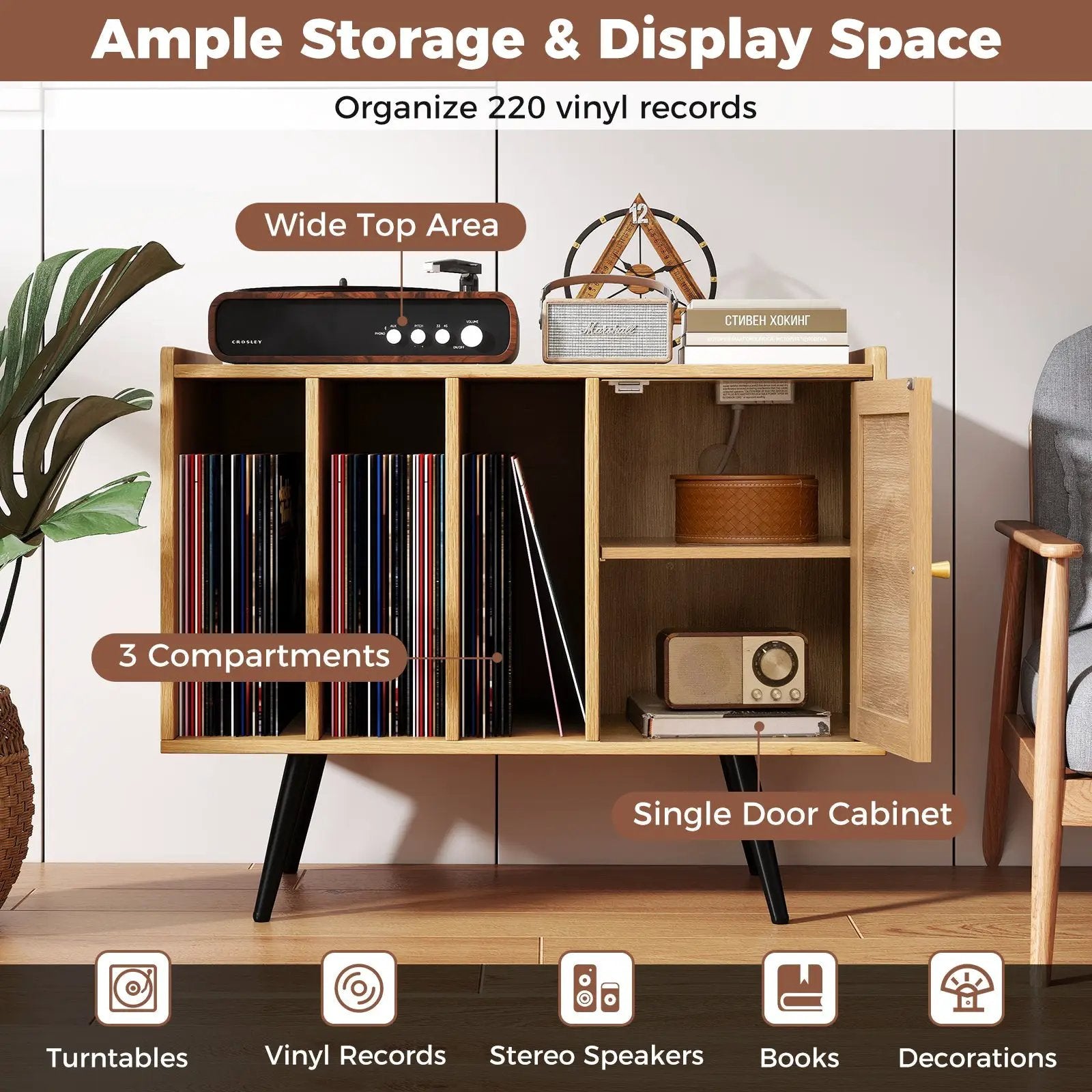 Record Player Stand with Charging Station and Rattan Cabinet for Living Room-Natural by DirectDeals