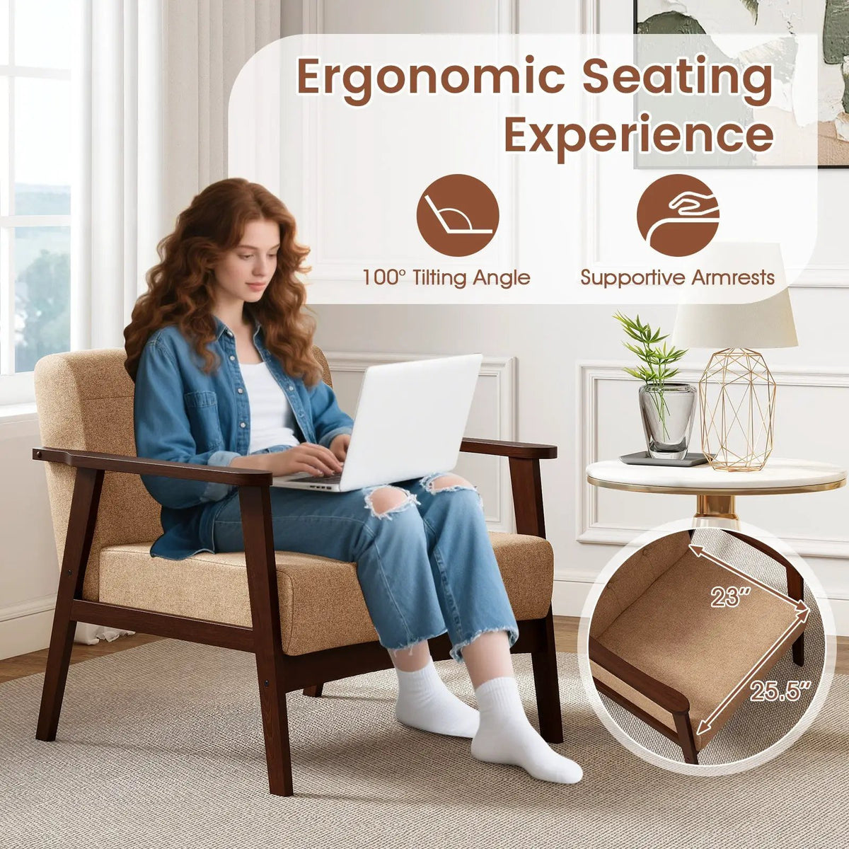 Rubber Wood Frame Accent Chair with Armrest for Living Room, photo 18 of 24