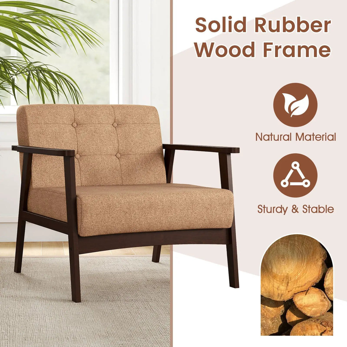 Rubber Wood Frame Accent Chair with Armrest for Living Room, photo 21 of 24