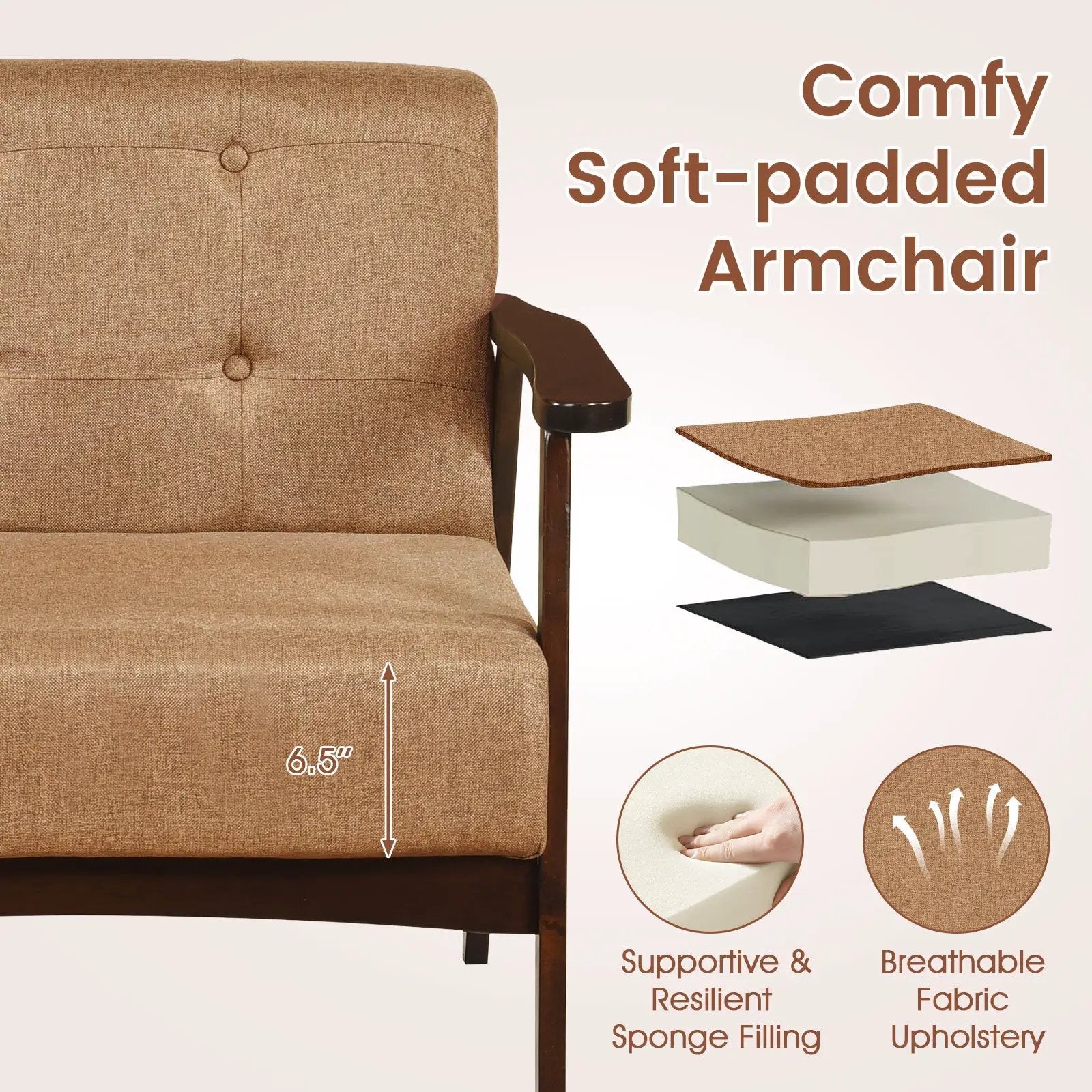 Rubber Wood Frame Accent Chair with Armrest for Living Room by DirectDeals