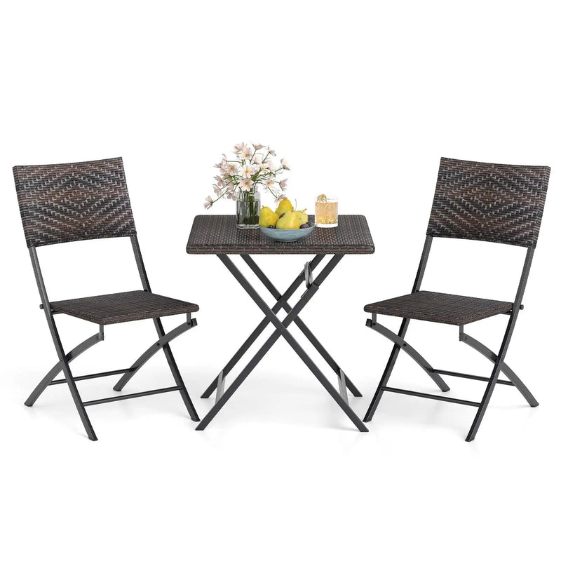3 Piece Rattan Bistro Set Outdoor Folding Dining Table and Chairs with Wicker Seat by DirectDeals