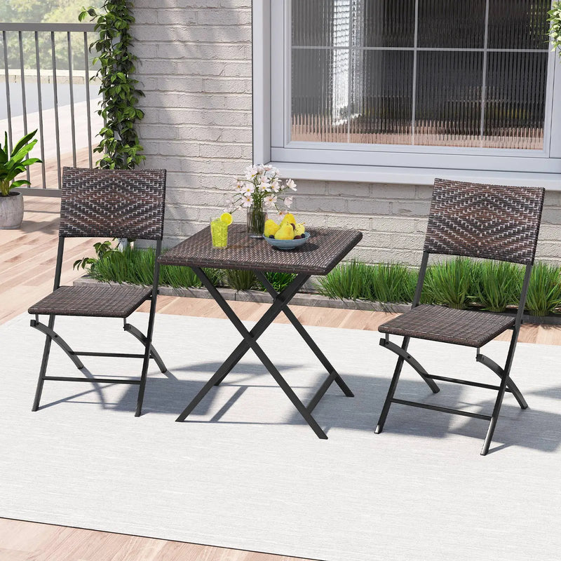 3 Piece Rattan Bistro Set Outdoor Folding Dining Table and Chairs with Wicker Seat by DirectDeals
