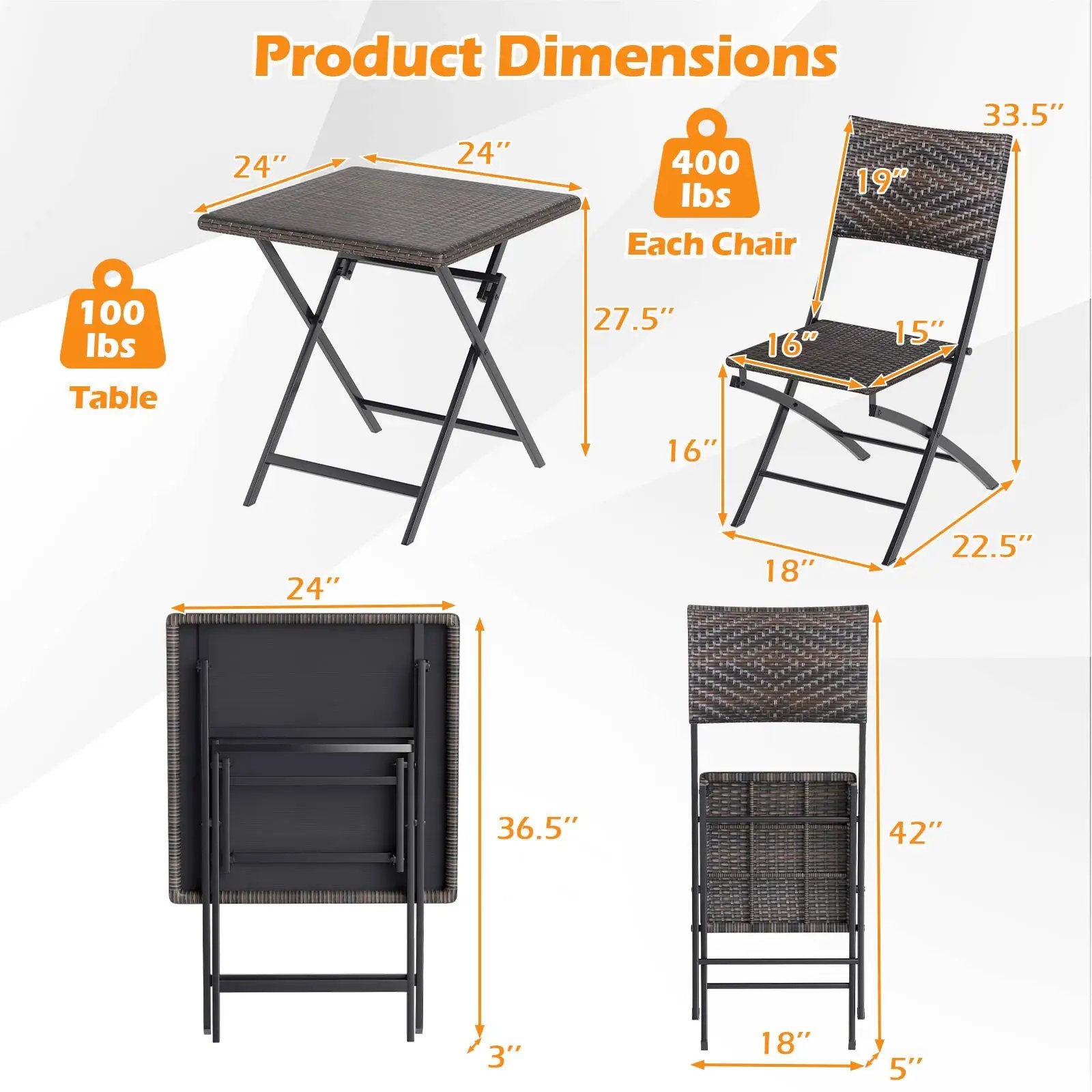 3 Piece Rattan Bistro Set Outdoor Folding Dining Table and Chairs with Wicker Seat by DirectDeals