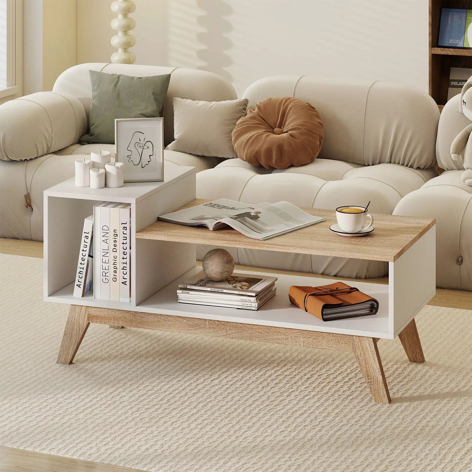 43 Inch Coffee Table with Stepped Tabletop and Storage Compartments-White by DirectDeals