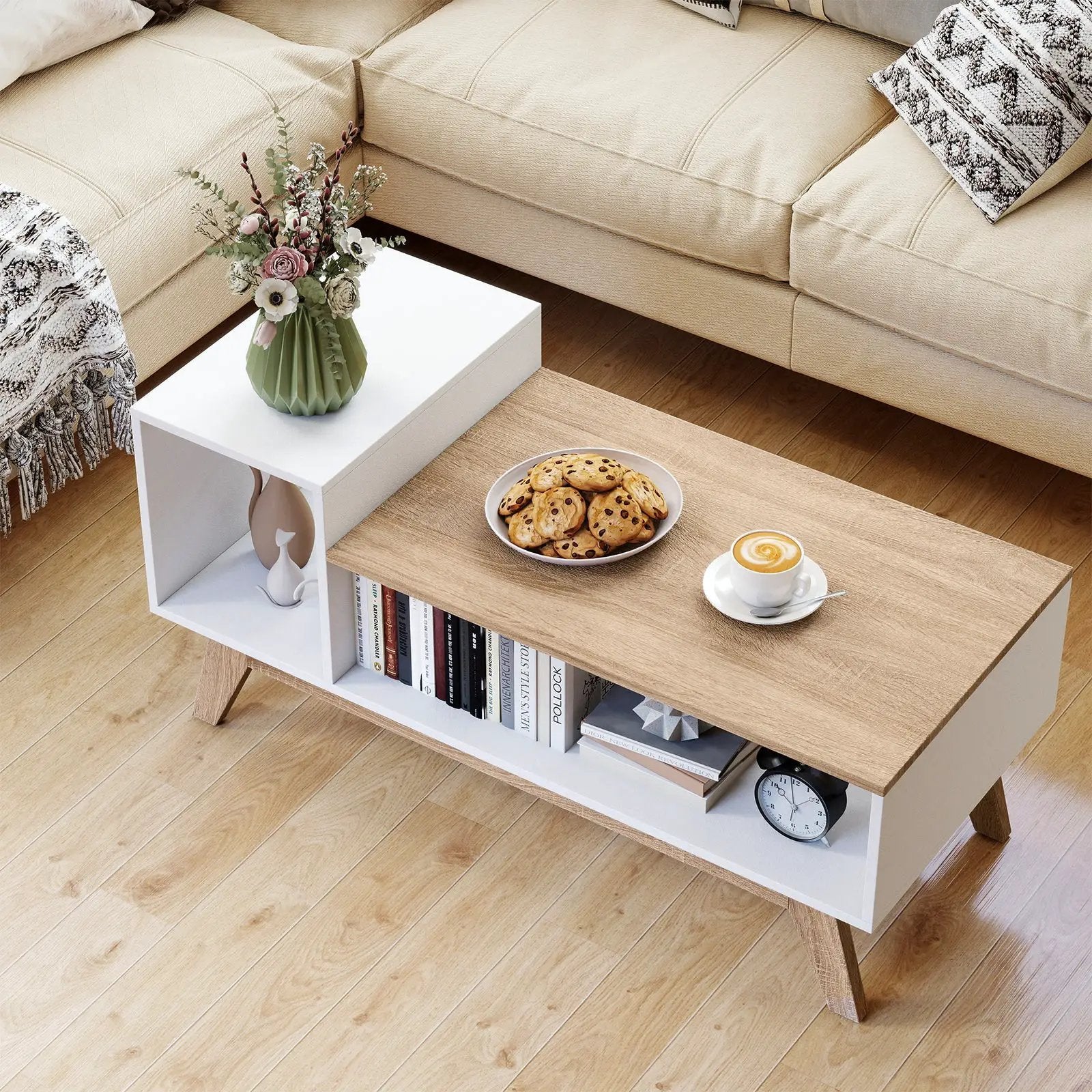 43 Inch Coffee Table with Stepped Tabletop and Storage Compartments-White by DirectDeals