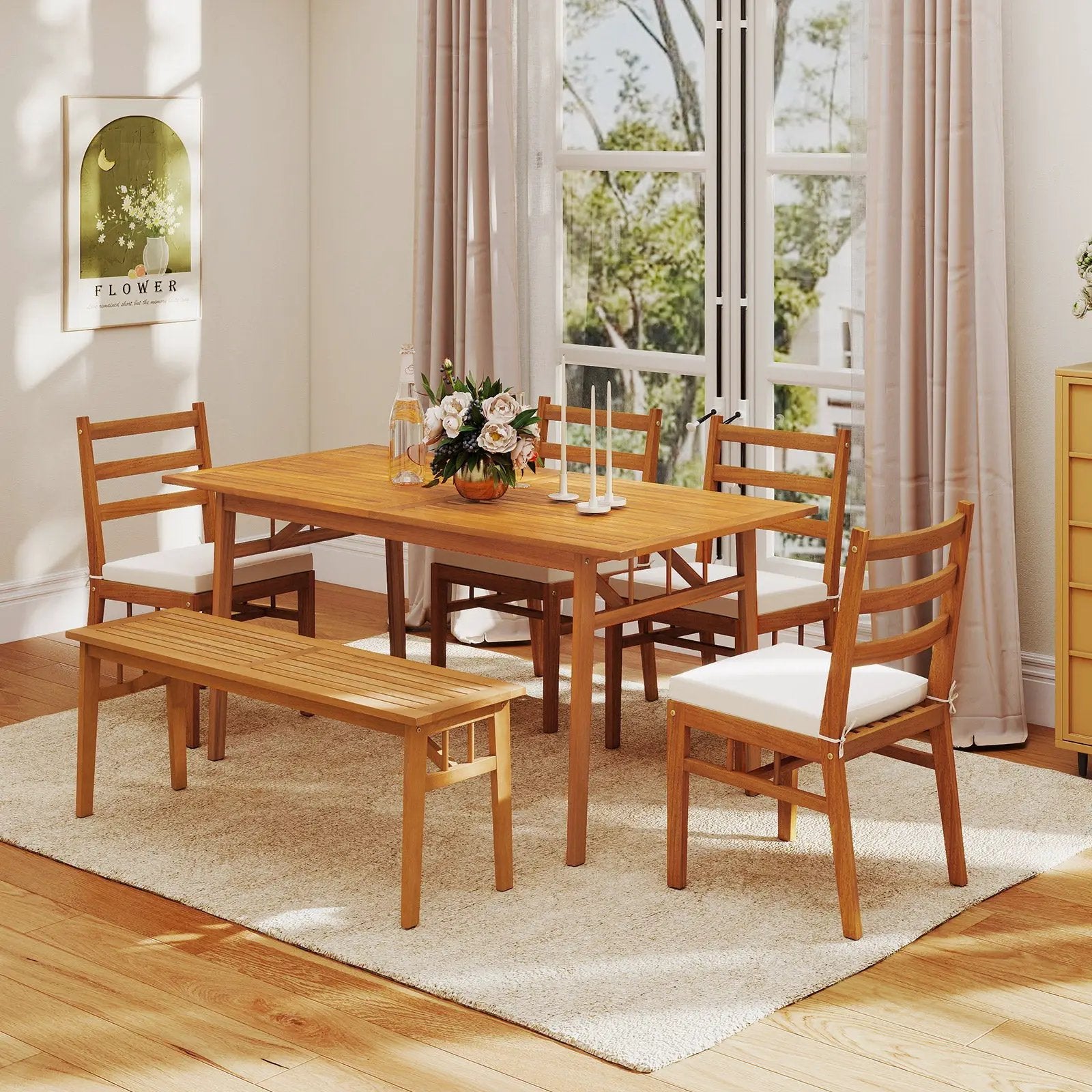 6 Pieces Patio Acacia Wood Dining Set with Bench Rectangular Table and Chairs by DirectDeals